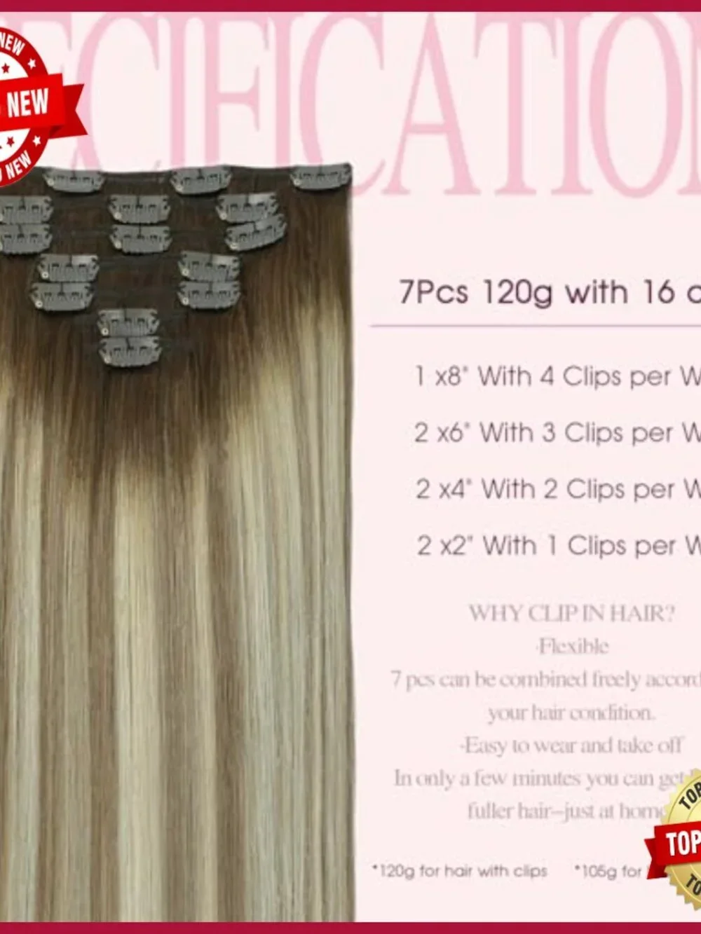 16in Clip-In Human Hair Extensions 7pc Set 120g Heat Stylable